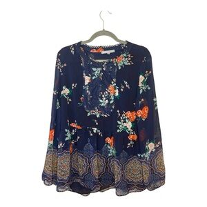 Daniel Rainn Navy Boho Floral Peasant Blouse Long Sleeve Tunic Style Large